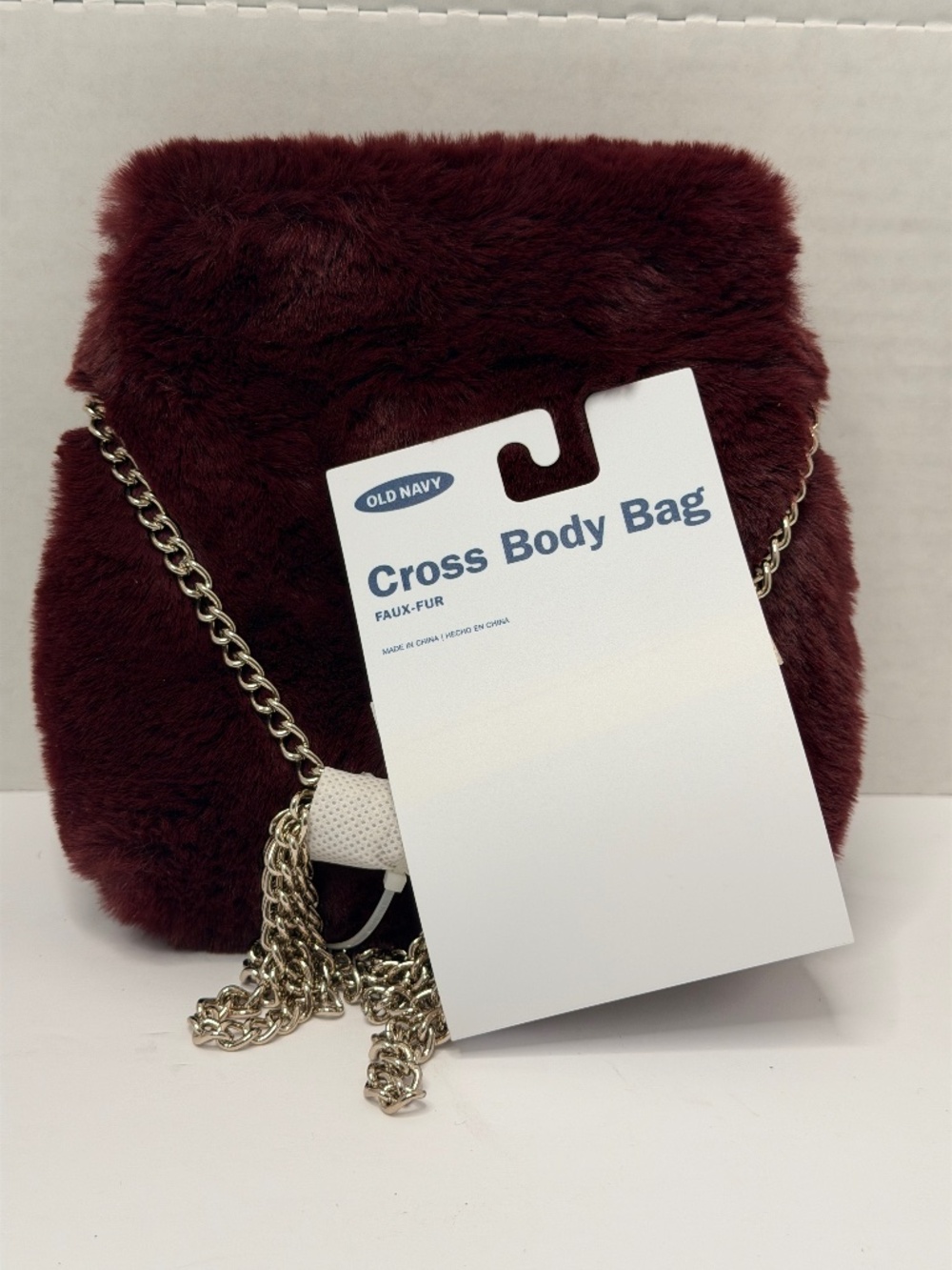 Old navy Faux Fur Crossbody Bag Purse Maroon Chain Strap Fuzzy Plush